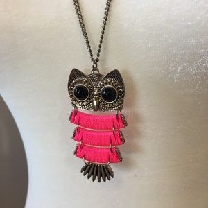 Long gold & hot pink owl necklace